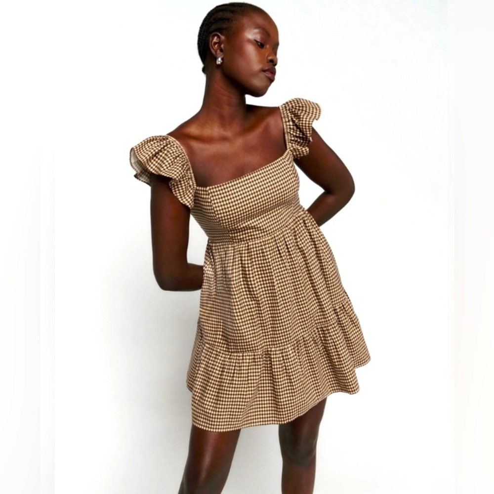 Reformation Brown & Cream Gingham Ruffle-Sleeve Mini Dress